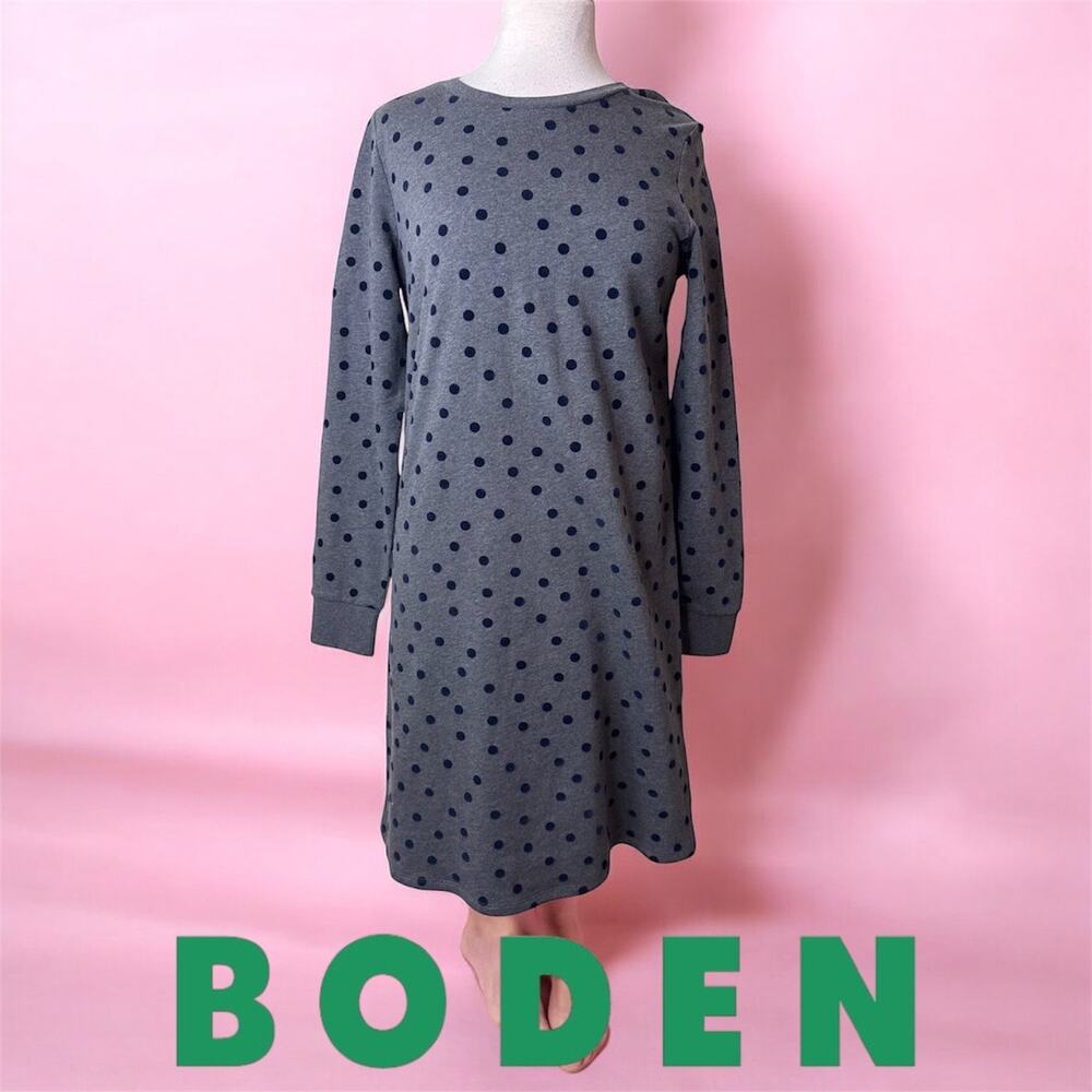 Boden Long Sleeve Grey Navy Polka Dot Dress 100% Cotton‎ Size 4 Womens Small